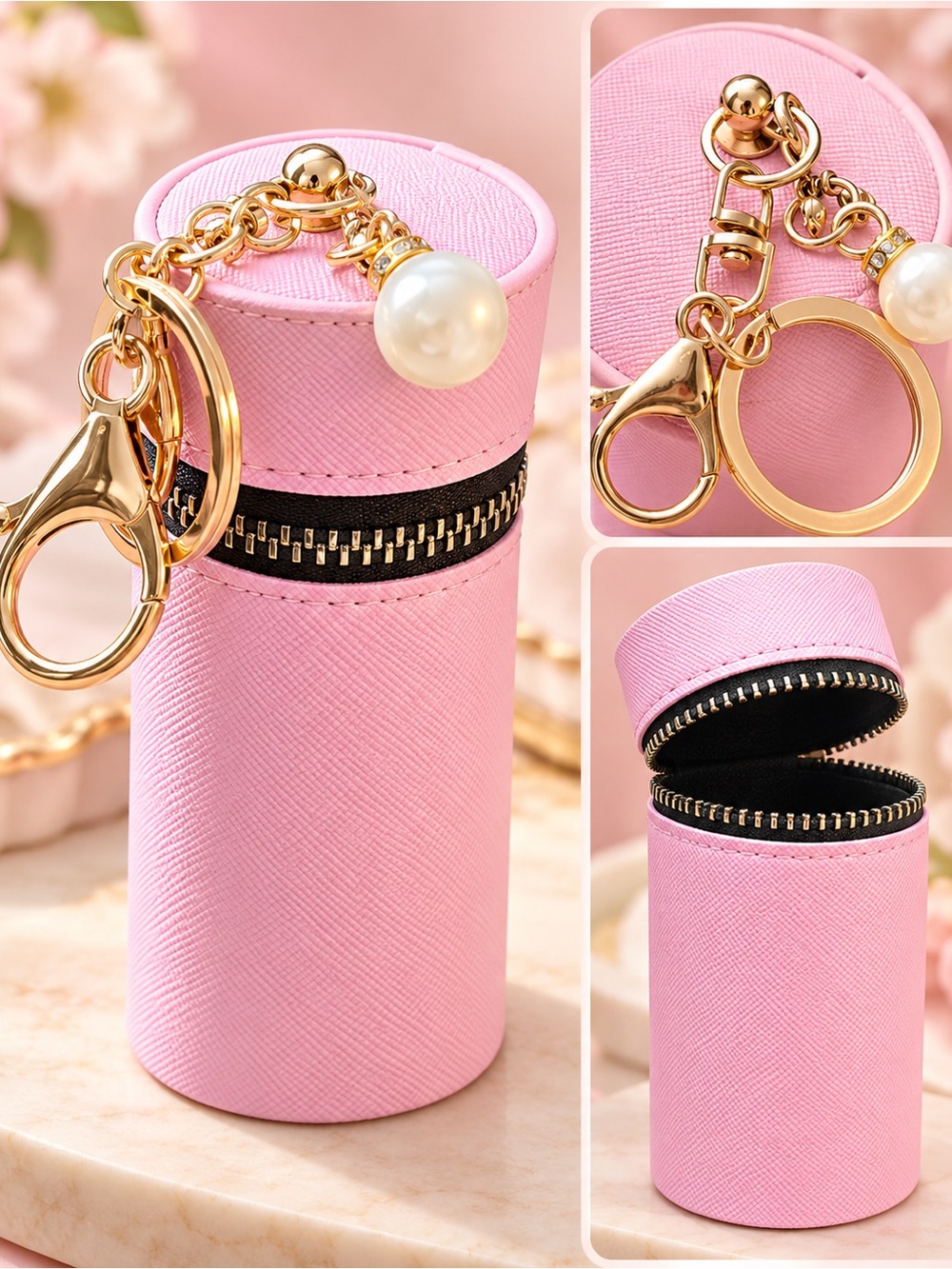 Cute Pink Mini Keychain Pouch with Pearl Charm